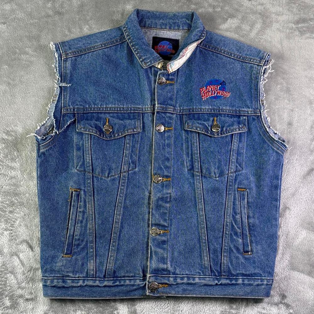 Vintage 90’s Planet Hollywood Las Vegas Embroidered Denim Cutoff Vest Size Large